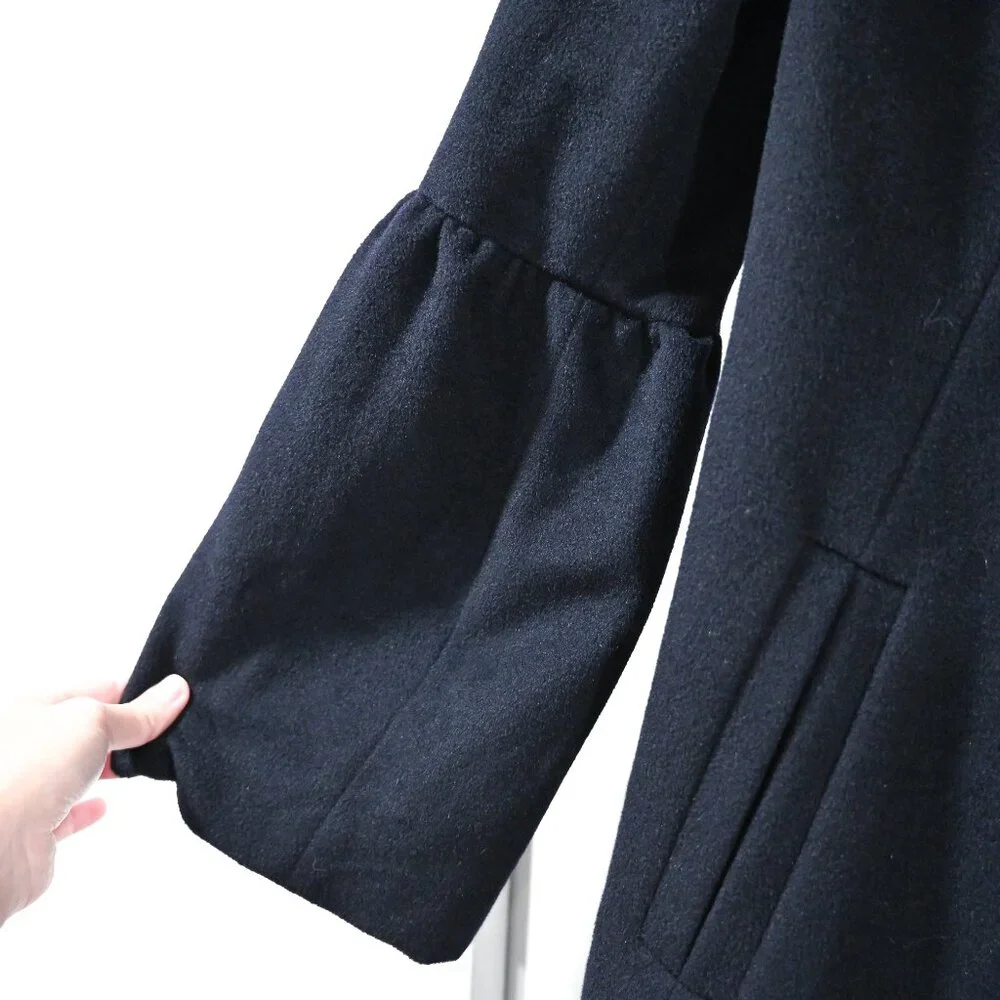 Diane von Furstenberg Size 6 Navy Wool Puff Sleve Midi Pea Coat - Picture 7 of 9